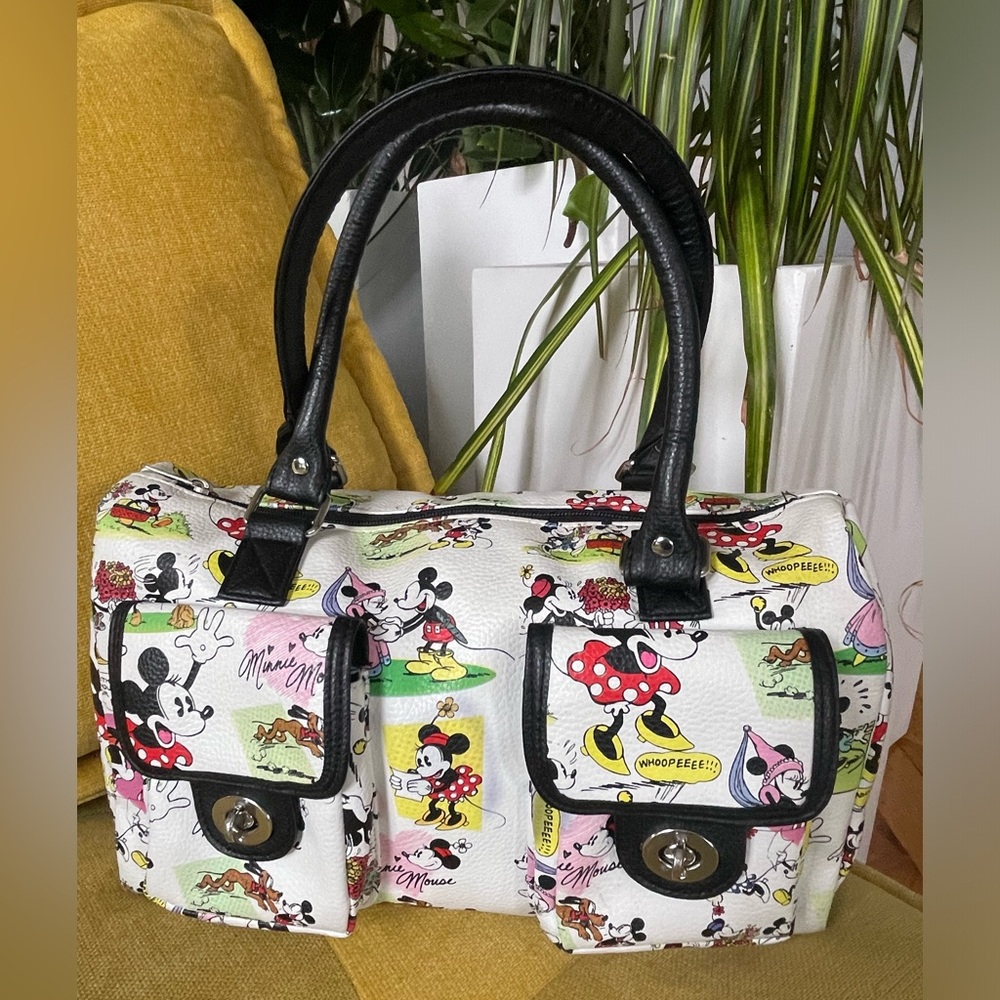 Disney Parks Authentic Mickey Minnie Mouse Character Print Satchel Handbag Purse